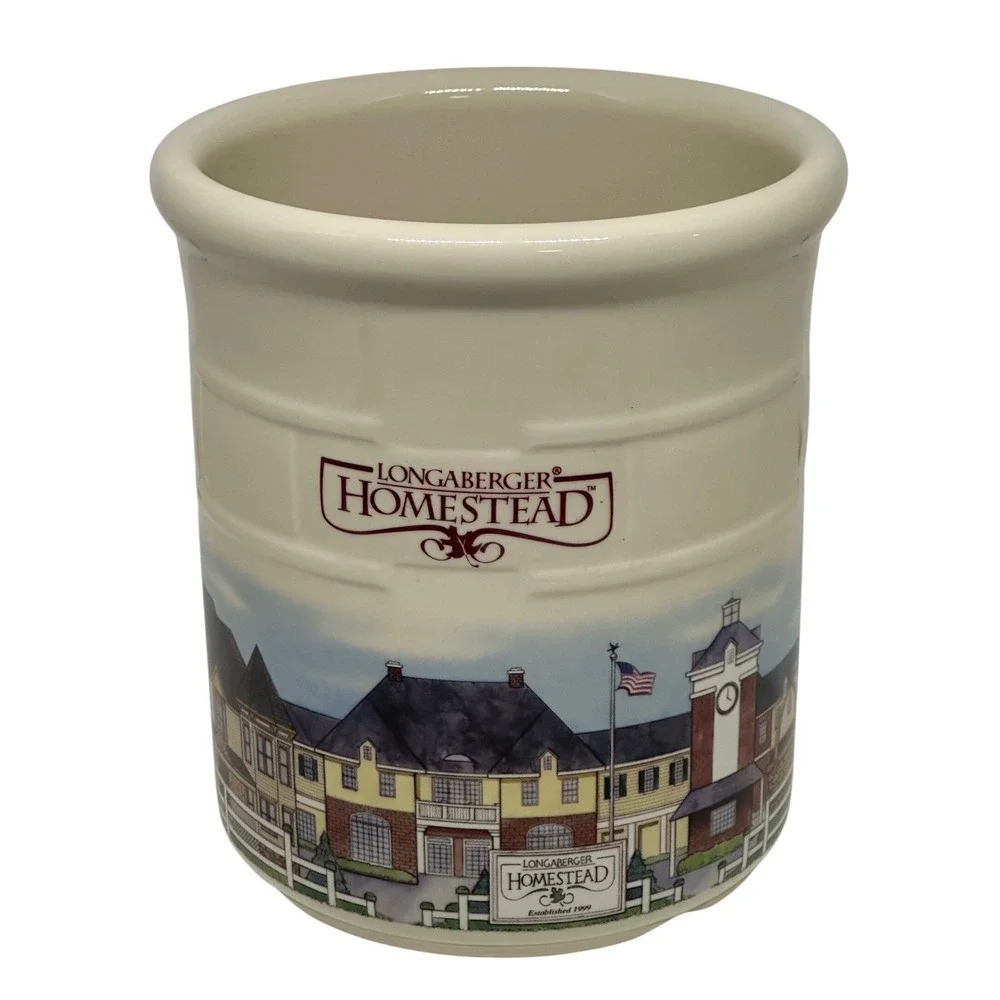 Longaberger Homestead Pottery Crock Utensil Jar Cream Village Scene 7 Inch